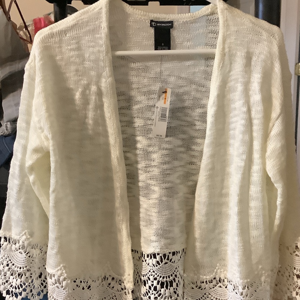 New Directions‎ Cream Lace Trim Cardigan, open front, small, new
